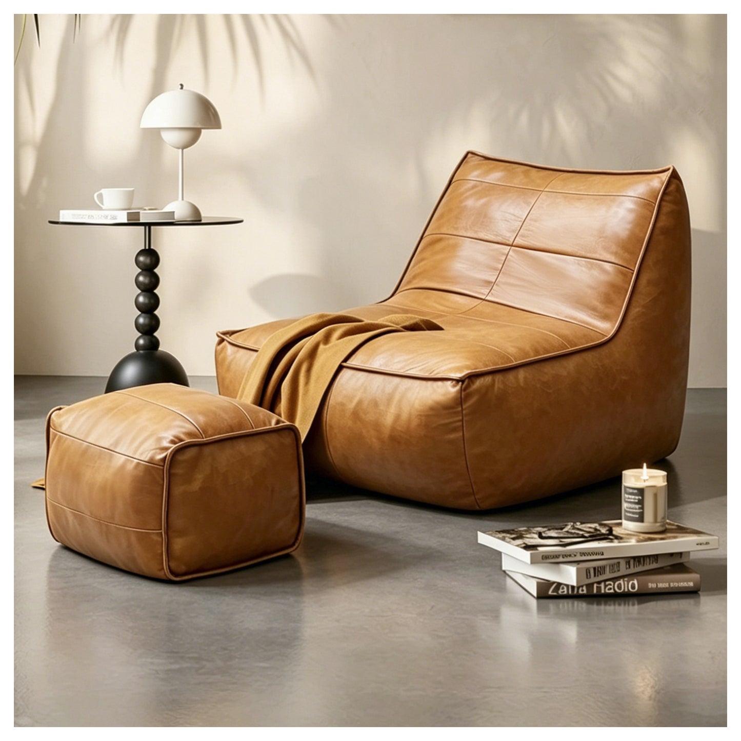 Bean Bag Chair with Ottoman Set – Tech Fabric Faux Leather Sofa for Living Room & Gaming