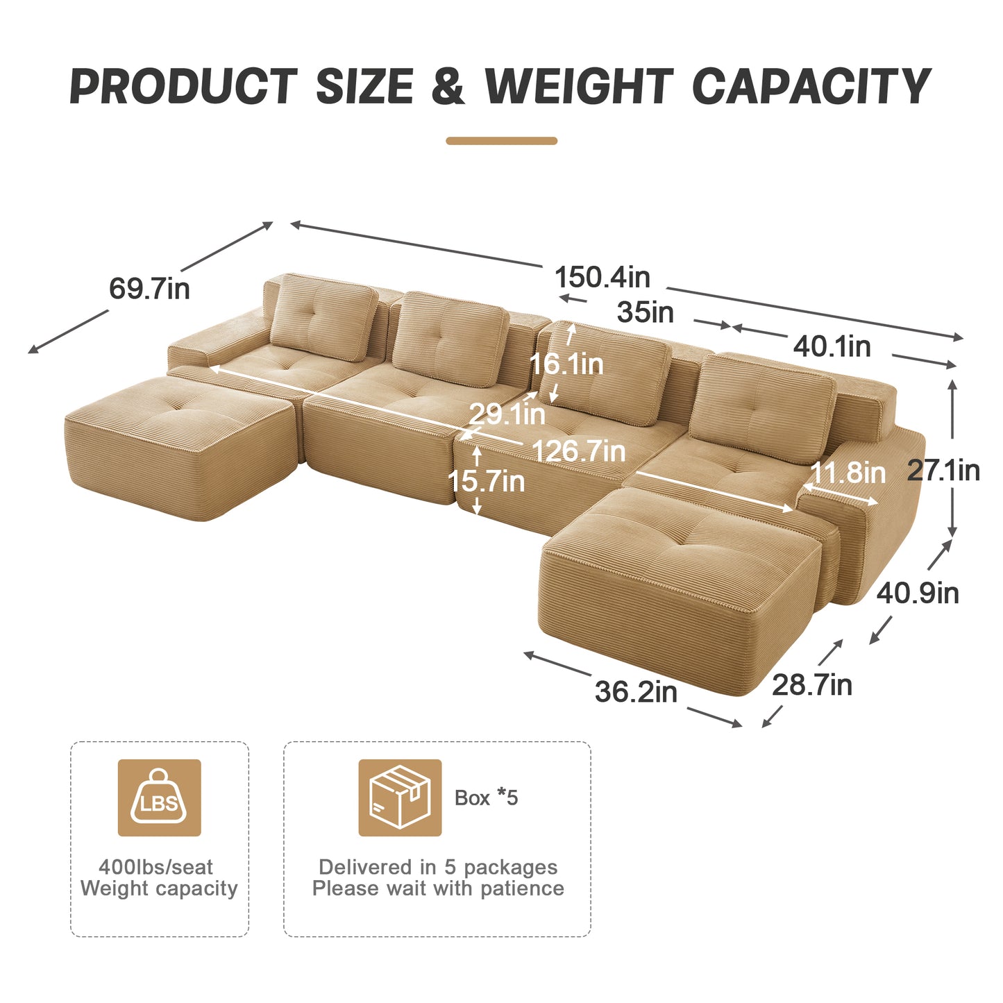 Modular Sectional Sofa for Living Room, Corduroy Fabric Deep Seat and Movable Ottoman, Pearl-like piping, Tufted Design, No Assembly
