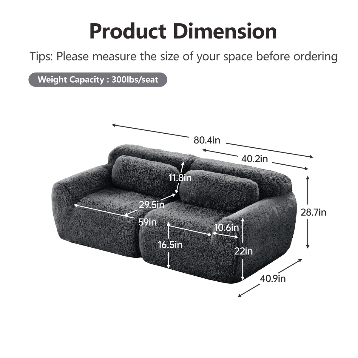 2-4 Seat Soft  Fluffy Plush Boneless Sofa – Modular Sectional with Throw Pillows, 32D High-Density Sponge, No Assembly, Anti-Slip Buckle Connection