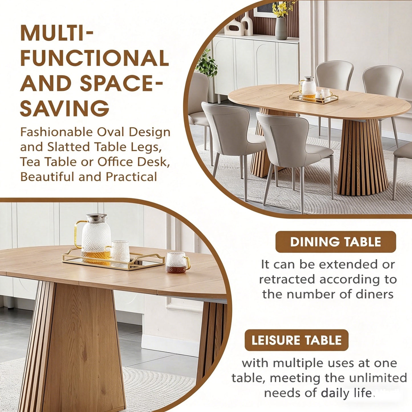Wooden Dining Table | Flexible And Extendable with Slatted Table Legs – Oval Expandable Table for 4- 6, MDF+Wood