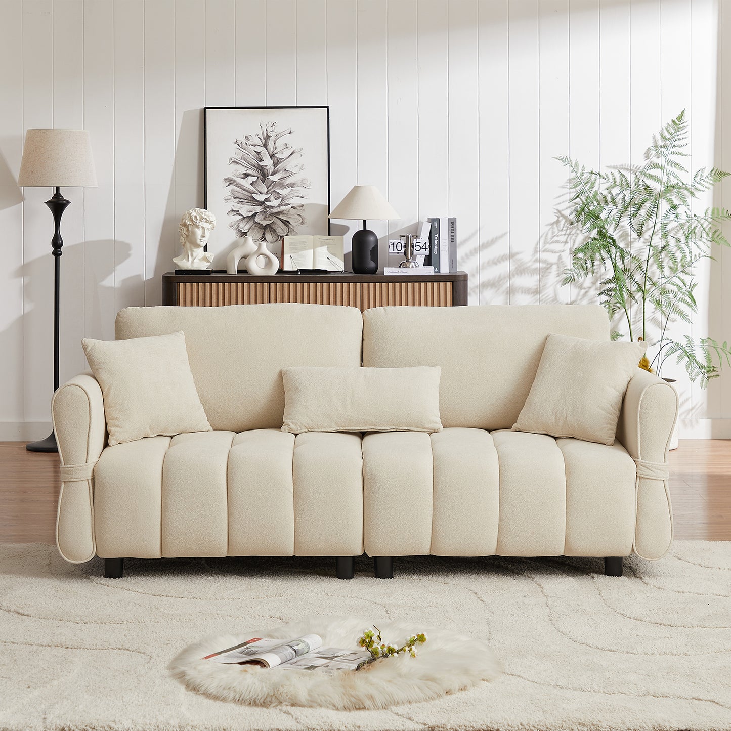 Chenille fabric upholstered 3-seater sofa with 2 cushions and 1 lumbar pillow Armrest