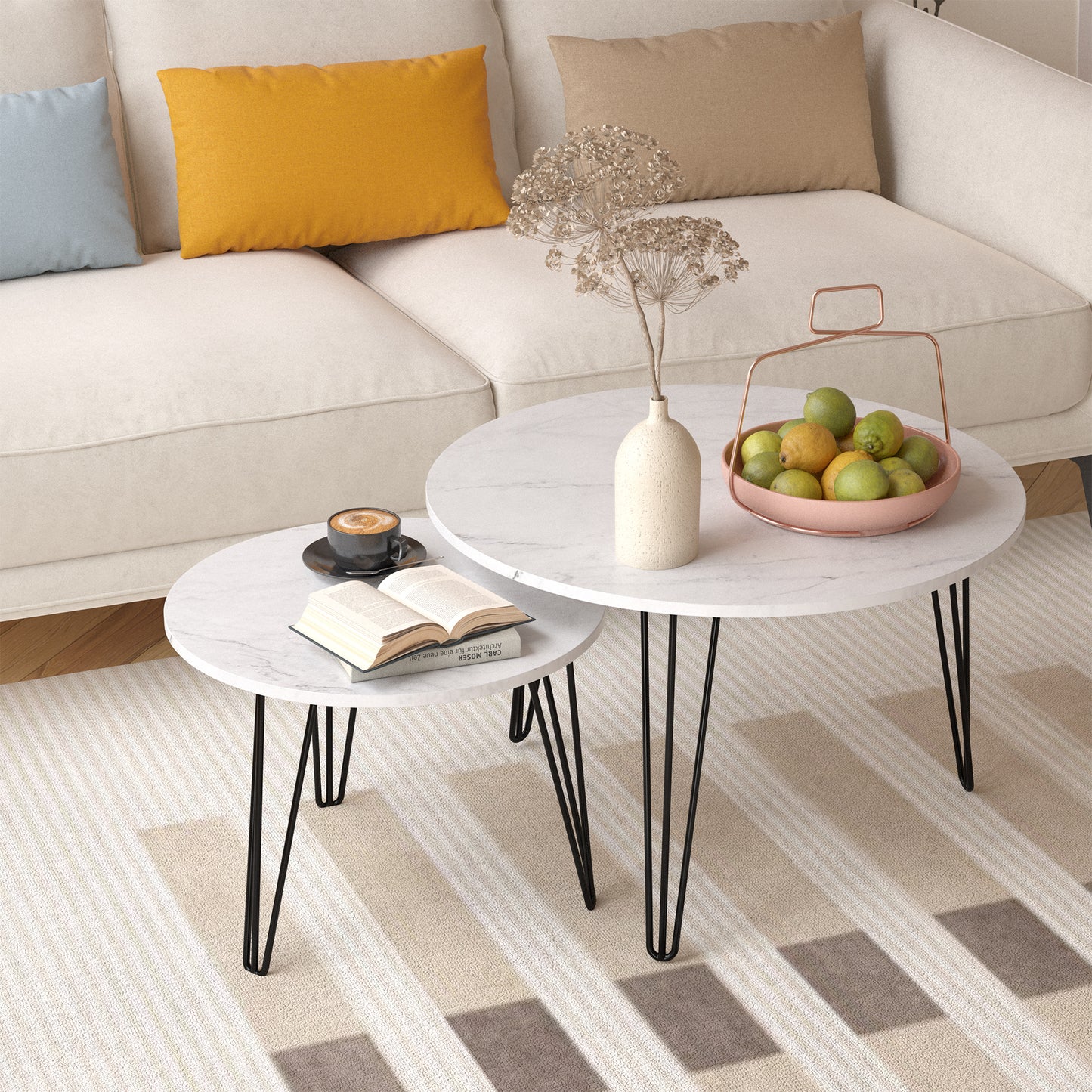 2 - Piece 27.56'' Round Nesting Coffee Table Set: Wooden Top, Sturdy Metal Base for Living & Bedroom