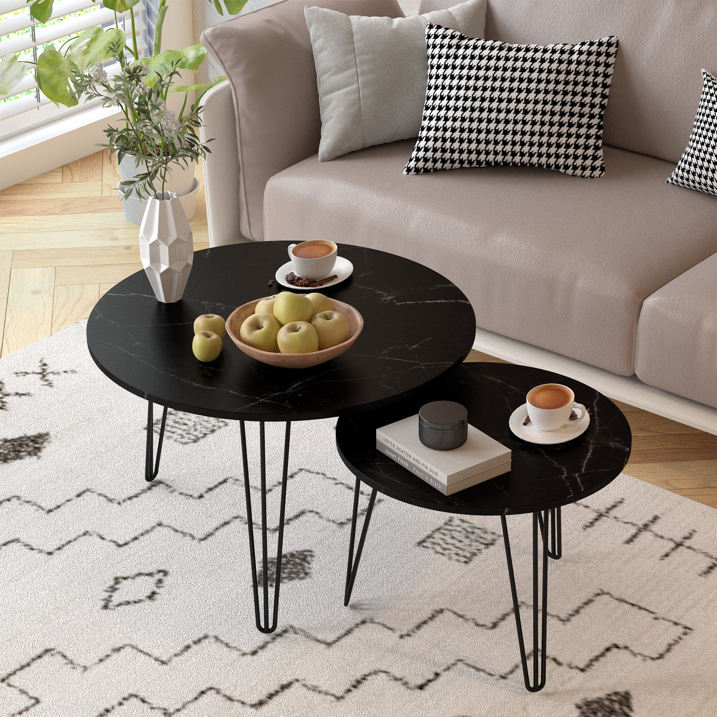 2 - Piece 27.56'' Round Nesting Coffee Table Set: Wooden Top, Sturdy Metal Base for Living & Bedroom