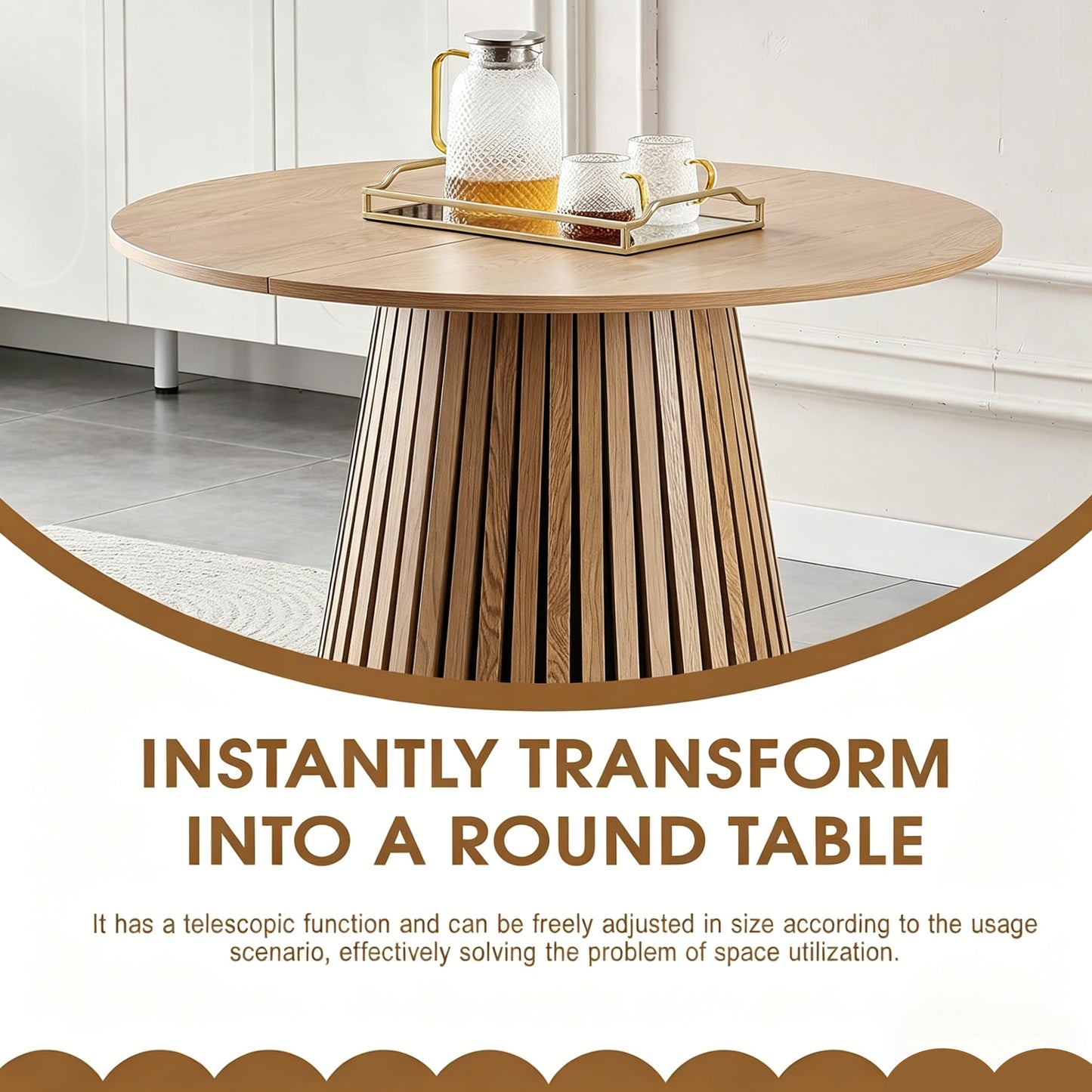 Wooden Dining Table | Flexible And Extendable with Slatted Table Legs – Oval Expandable Table for 4- 6, MDF+Wood