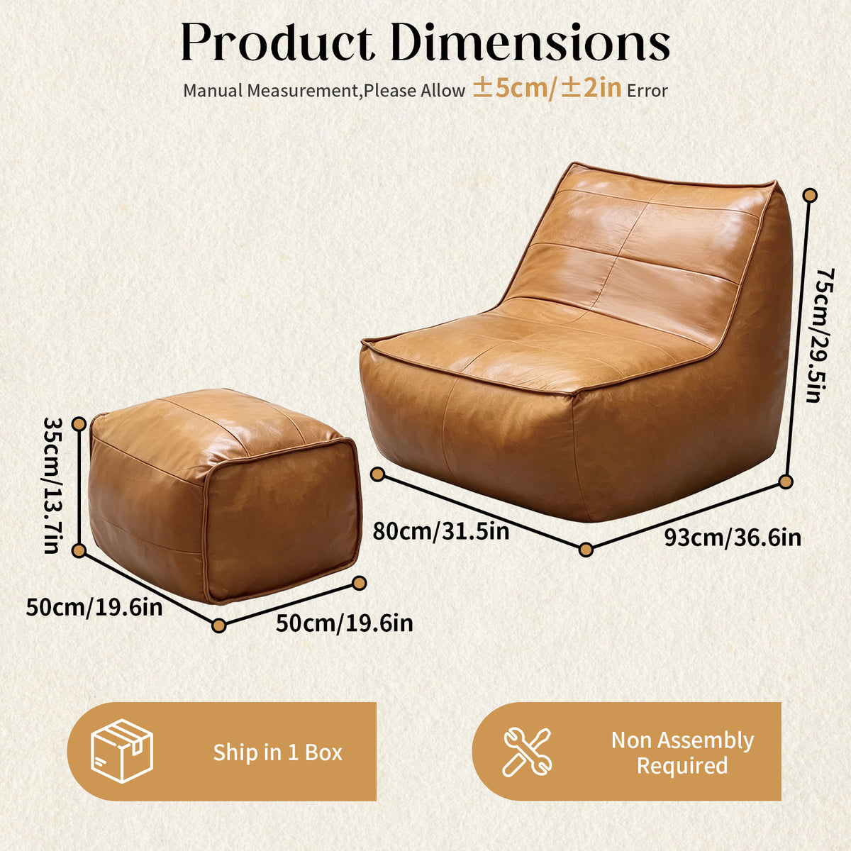 Bean Bag Chair with Ottoman Set – Tech Fabric Faux Leather Sofa for Living Room & Gaming