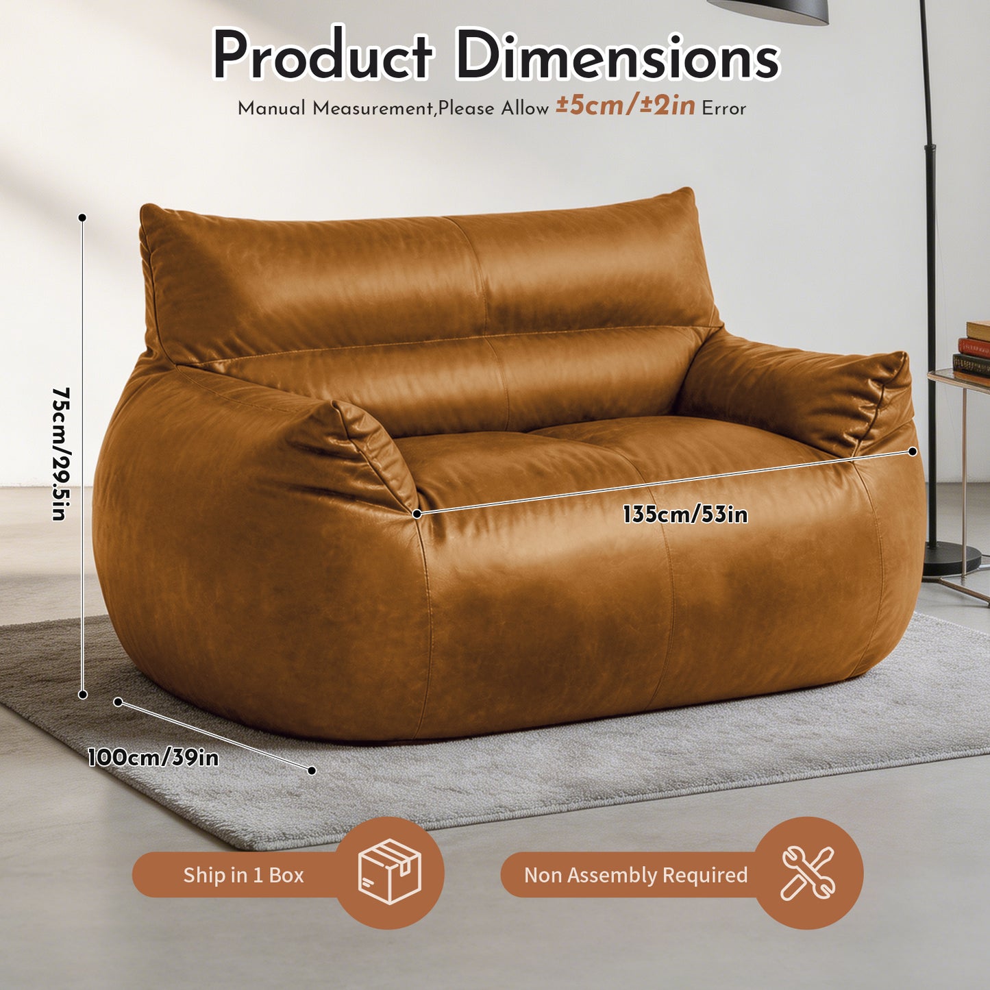 Tech Fabric Bean Bag Loveseat Sofa – Faux Leather Appearance, Ergonomic Curve, No Assembly