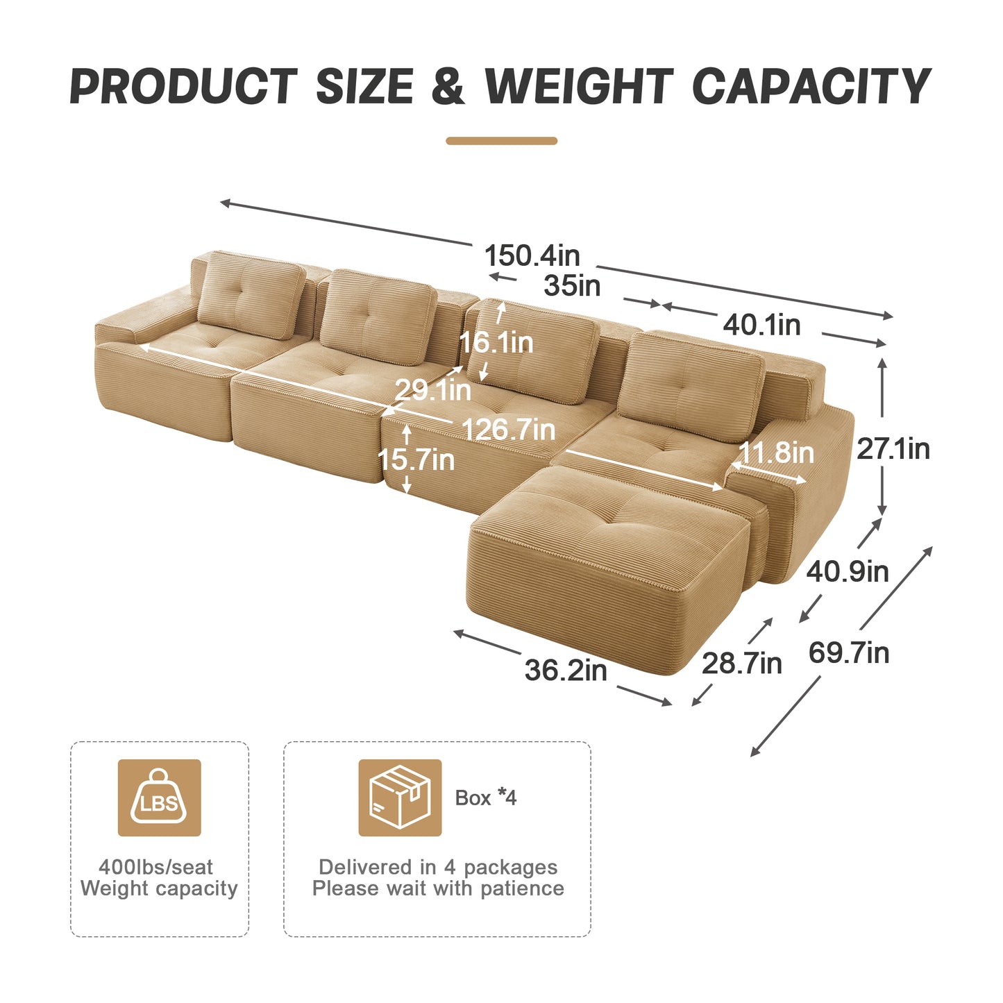 Modular Sectional Sofa for Living Room, Corduroy Fabric Deep Seat and Movable Ottoman, Pearl-like piping, Tufted Design, No Assembly