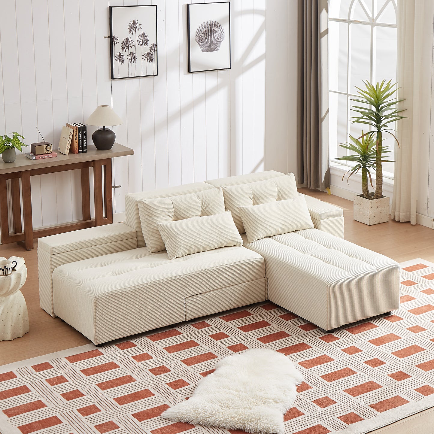 Corduroy Convertible 3 in 1 Sleeper Sofa and Sectional Sofa with 4 Storage Space With 4 pillows