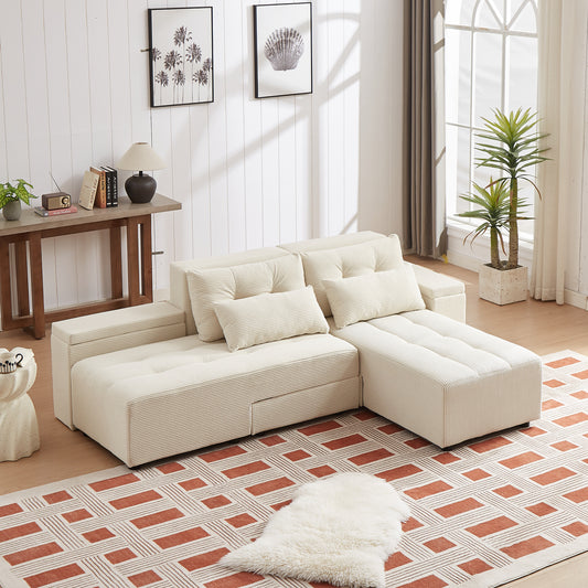 Corduroy Convertible 3 in 1 Sleeper Sofa and Sectional Sofa with 4 Storage Space With 4 pillows