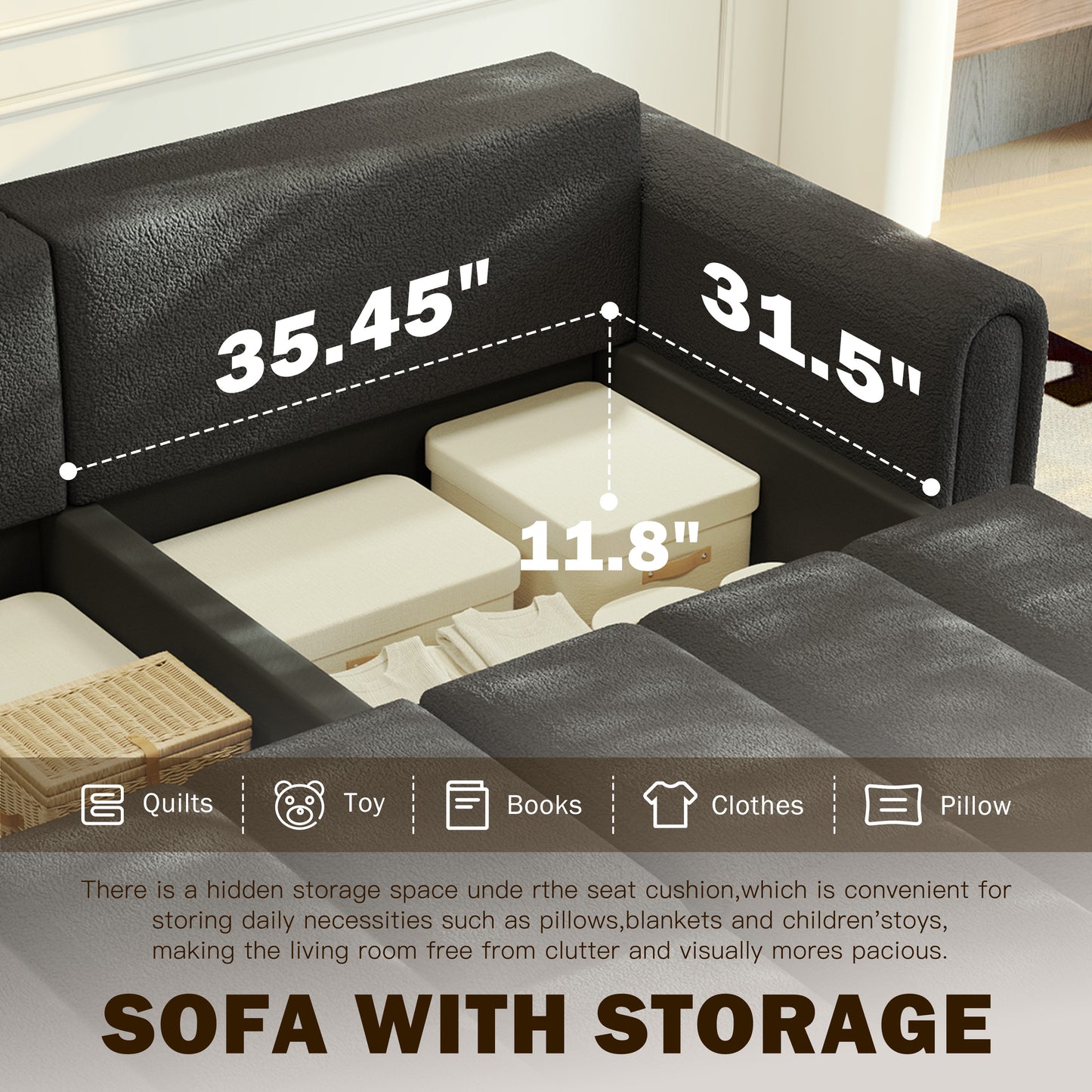 4-Seater Modern Teddy Fabric Couch with Seats Storage, King Size 3-in-1 Convertible Sleeper Sofa Bed