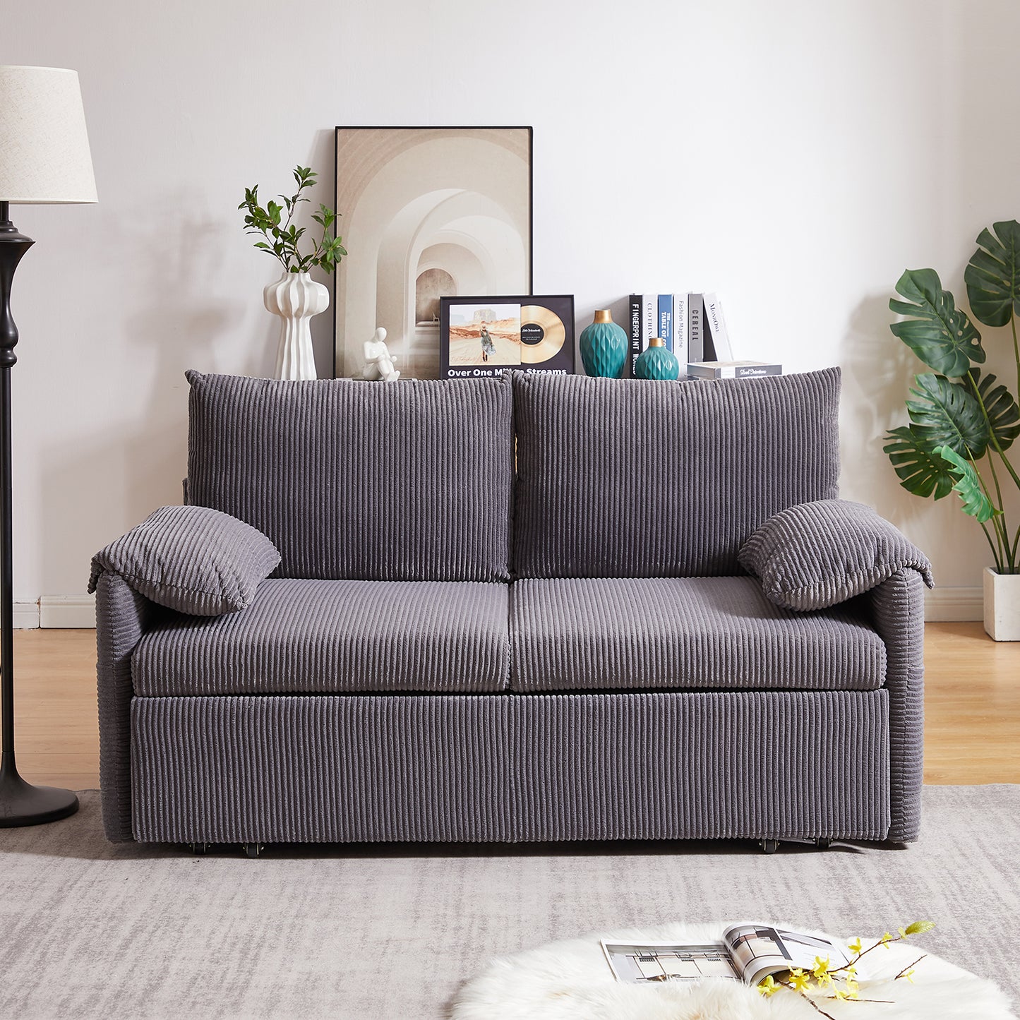 Sleeper Sofa Bed 3-in-1 Adjustable Sleeper with Pullout Bed, 2 Pillows and Side Pockets – Corduroy Loveseat