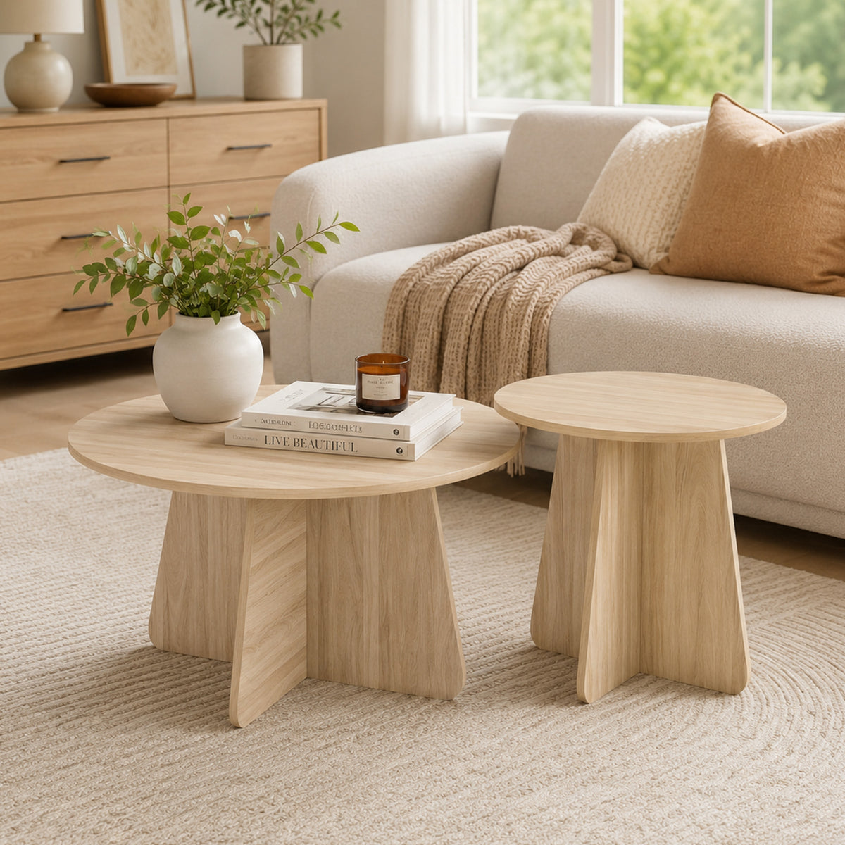 Retro-Style Nesting Coffee Table Set – Walnut or Natural Wood Finishes, Round Side Tables with Crisscross Legs