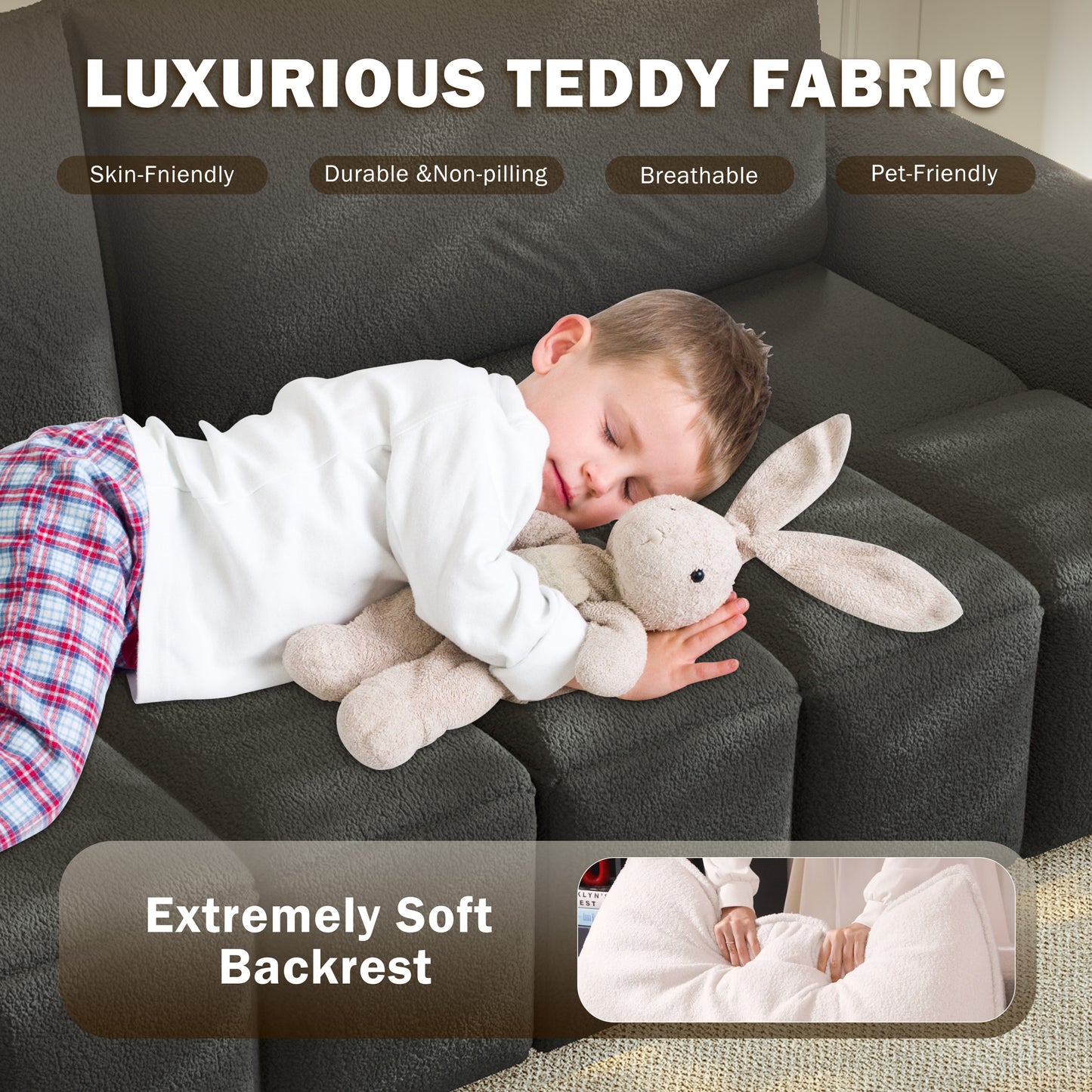 4-Seater Modern Teddy Fabric Couch with Seats Storage, King Size 3-in-1 Convertible Sleeper Sofa Bed