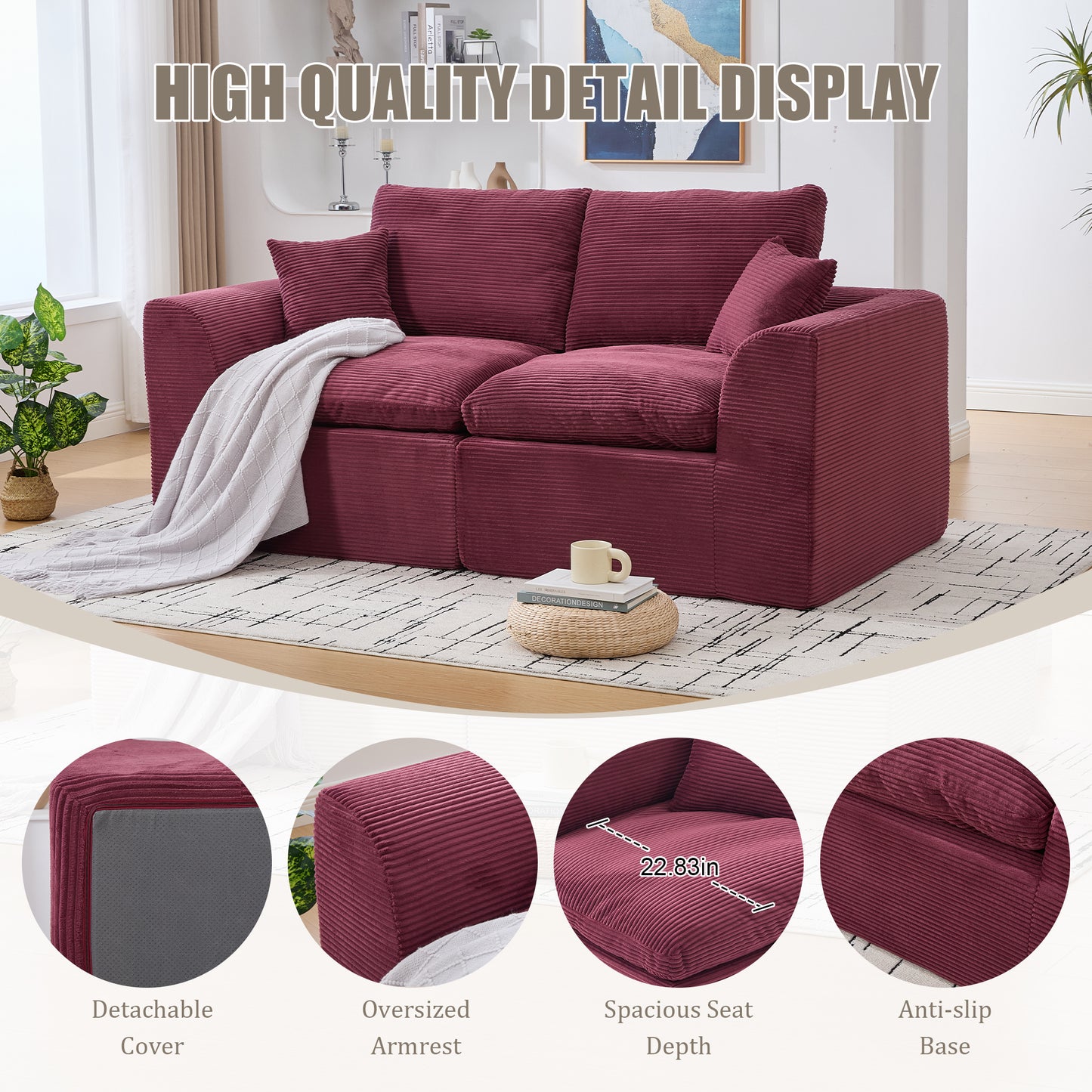 Comfy Cloud Modern Sofa – 2-Seater with Removable Covers | No Assembly, Corduroy Fabric, 8 Colors