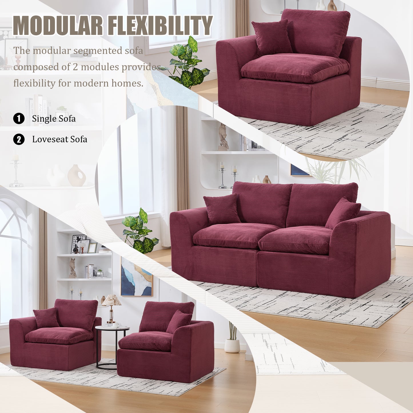 Comfy Cloud Modern Sofa – 2-Seater with Removable Covers | No Assembly, Corduroy Fabric, 8 Colors