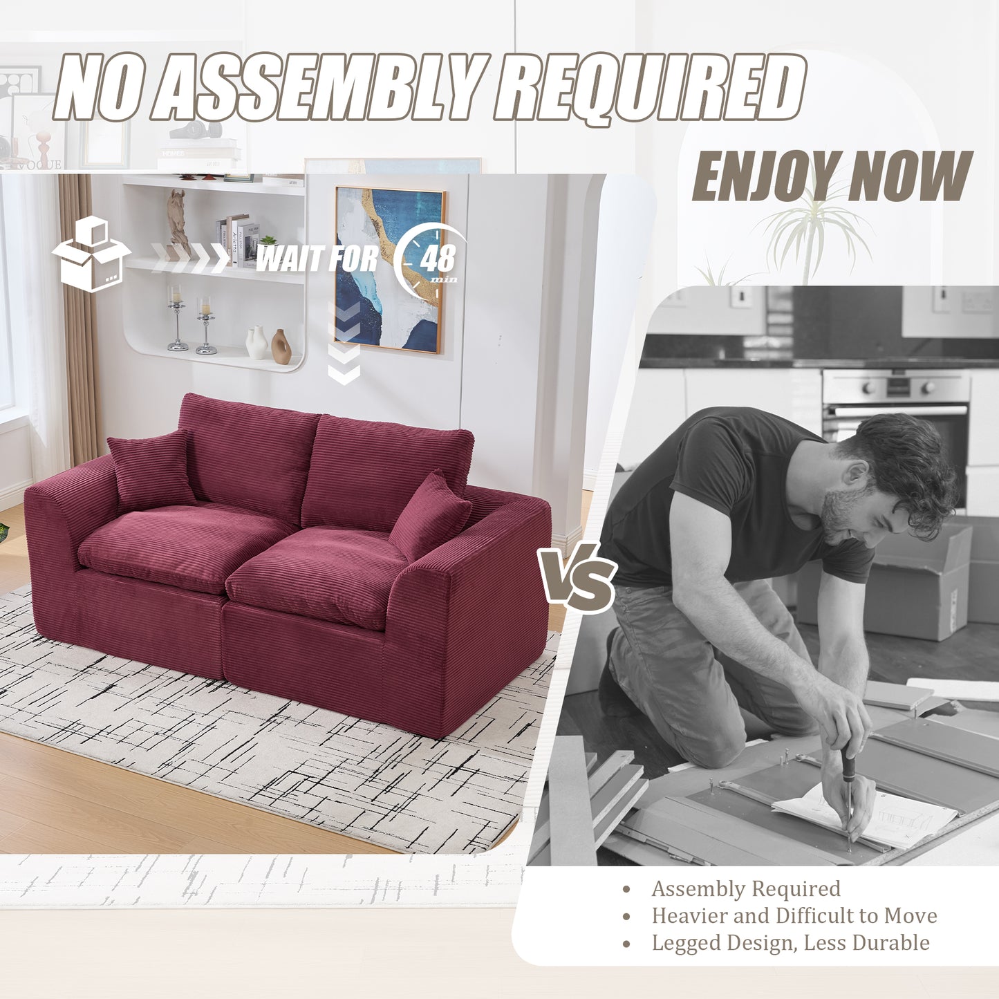 Comfy Cloud Modern Sofa – 2-Seater with Removable Covers | No Assembly, Corduroy Fabric, 8 Colors