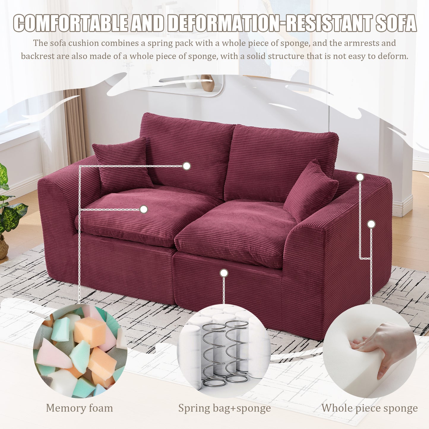 Comfy Cloud Modern Sofa – 2-Seater with Removable Covers | No Assembly, Corduroy Fabric, 8 Colors