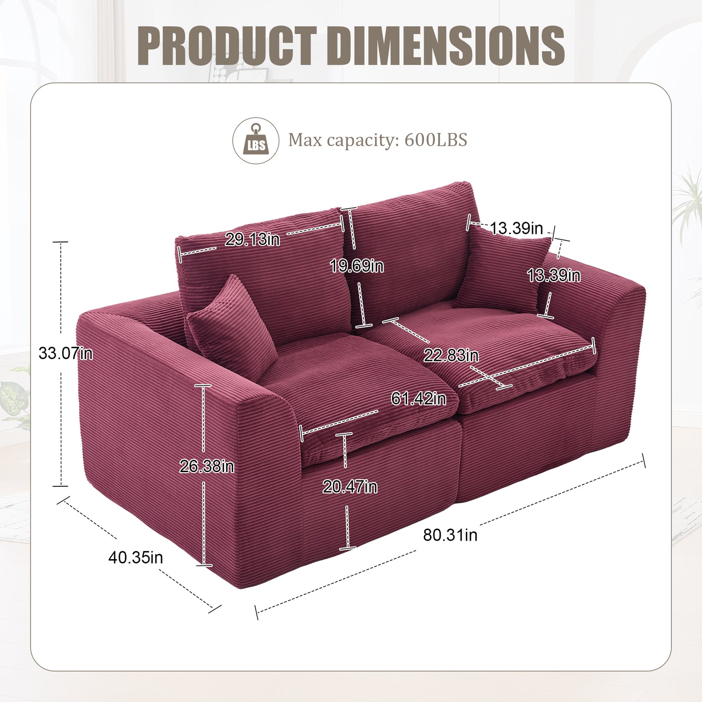 Comfy Cloud Modern Sofa – 2-Seater with Removable Covers | No Assembly, Corduroy Fabric, 8 Colors