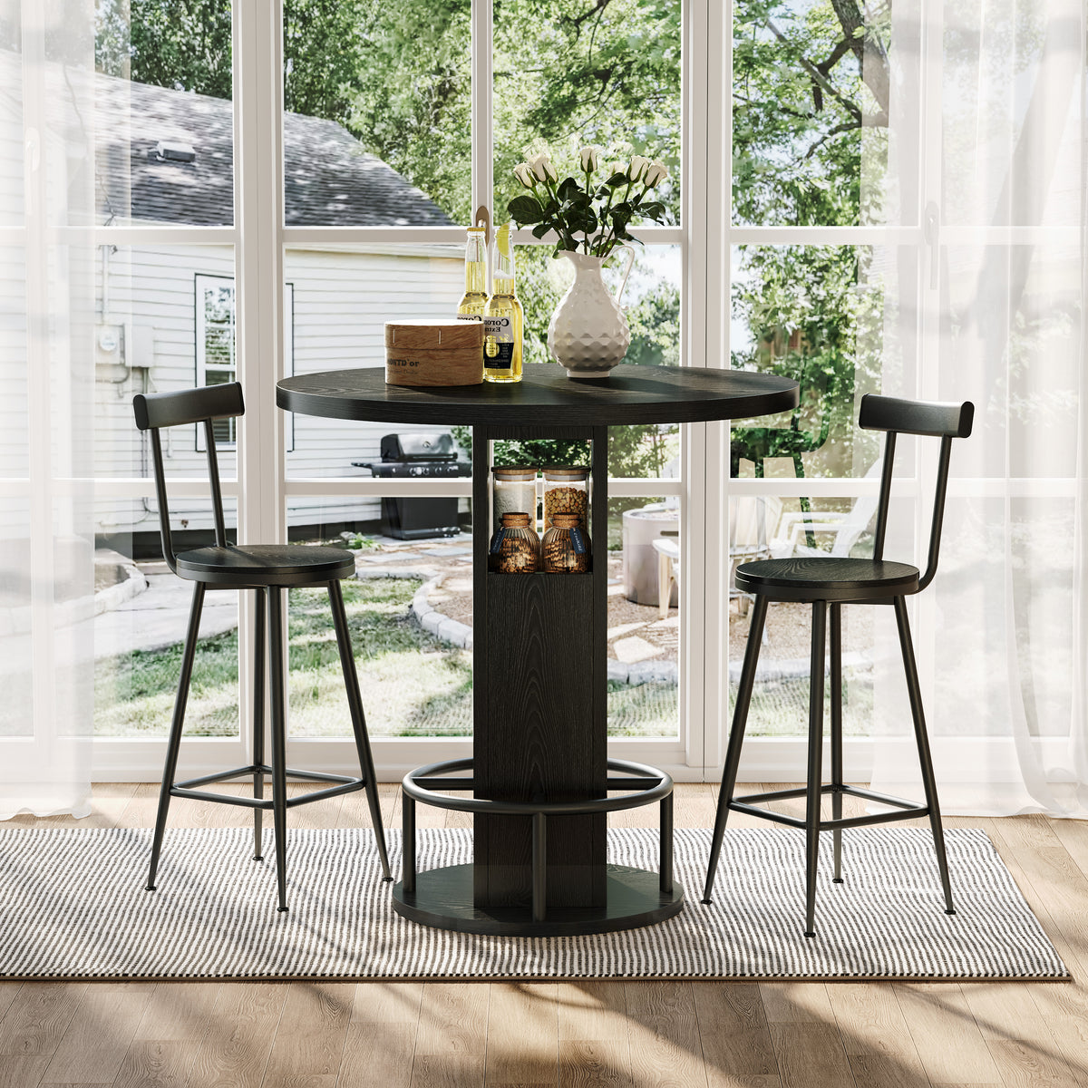Bar Table and Stool Set – Round Bar Table with Two Stools, Compact Wooden Dining Bar with Metal Ring Footrest