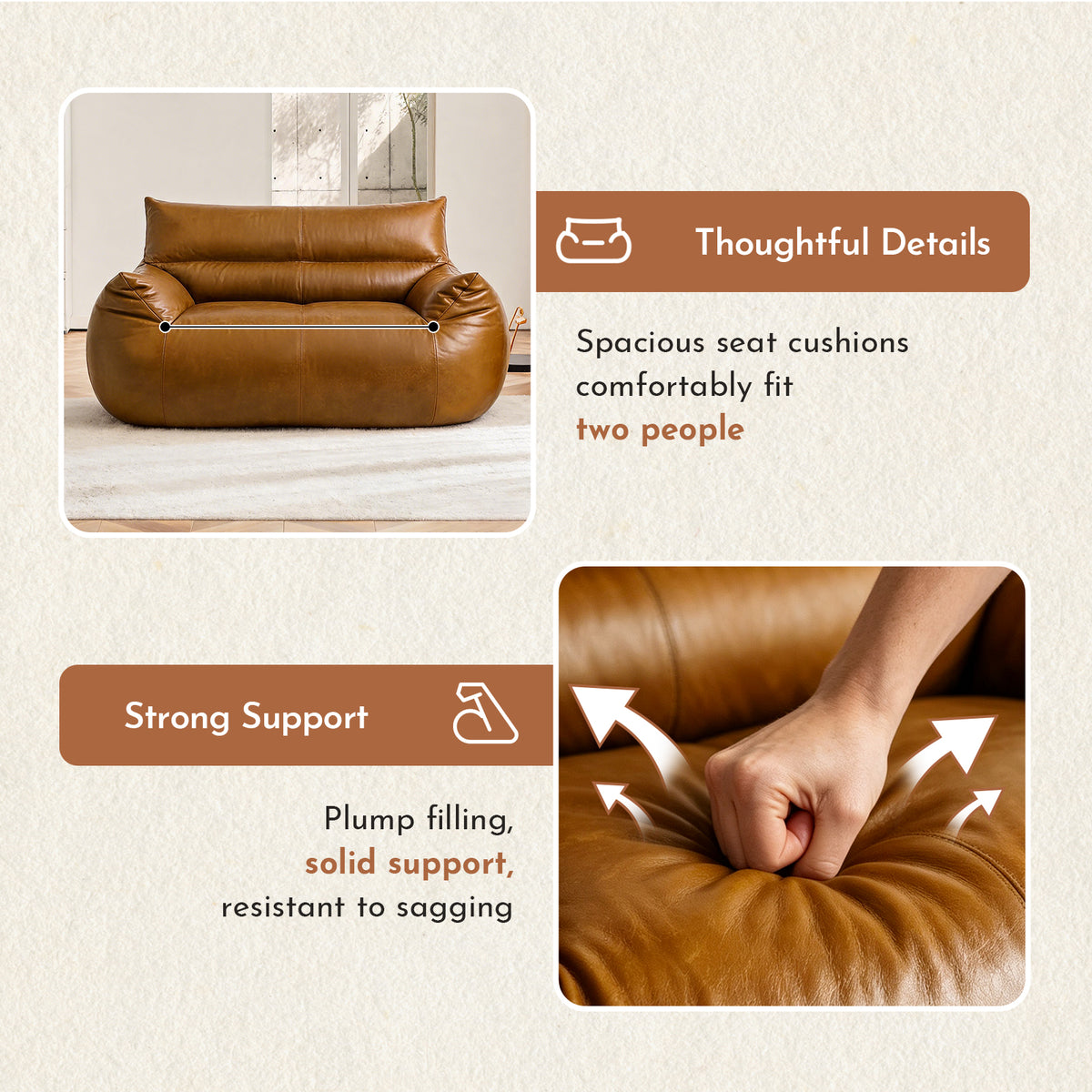 Tech Fabric Bean Bag Loveseat Sofa – Faux Leather Appearance, Ergonomic Curve, No Assembly