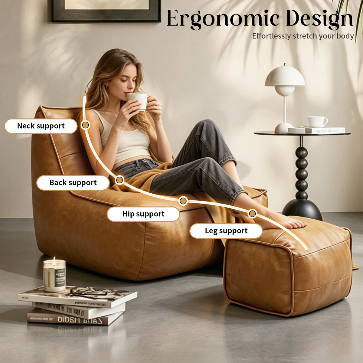 Bean Bag Chair with Ottoman Set – Tech Fabric Faux Leather Sofa for Living Room & Gaming