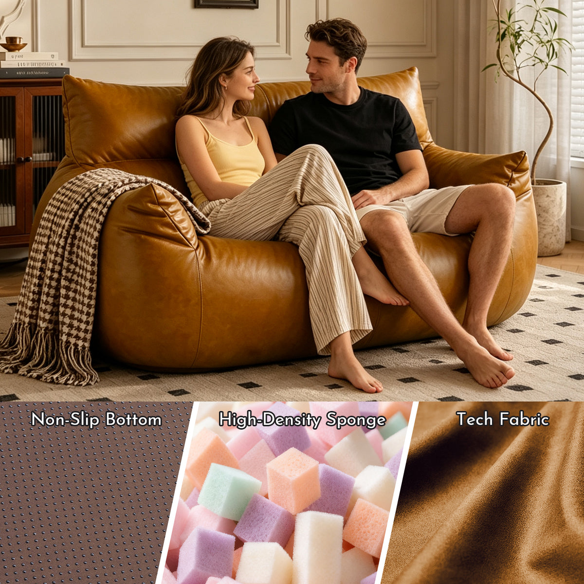 Tech Fabric Bean Bag Loveseat Sofa – Faux Leather Appearance, Ergonomic Curve, No Assembly