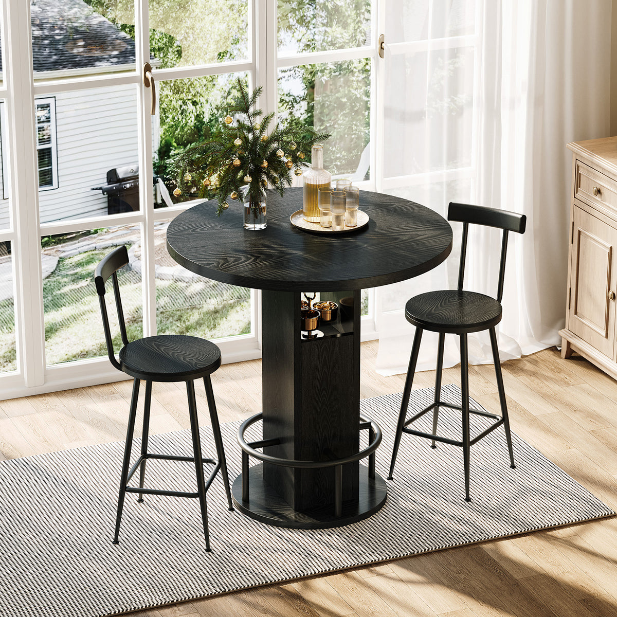 Bar Table and Stool Set – Round Bar Table with Two Stools, Compact Wooden Dining Bar with Metal Ring Footrest
