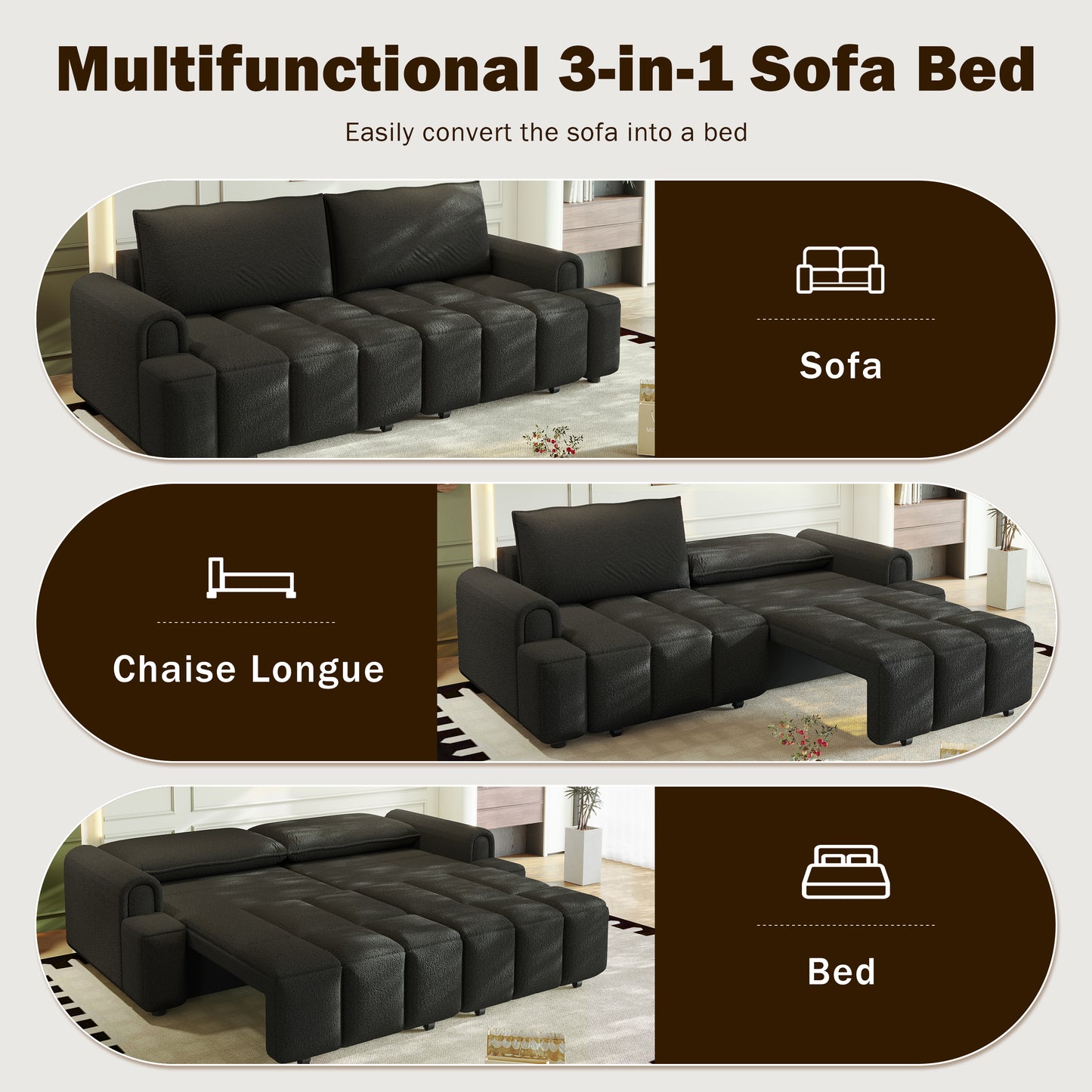 4-Seater Modern Teddy Fabric Couch with Seats Storage, King Size 3-in-1 Convertible Sleeper Sofa Bed