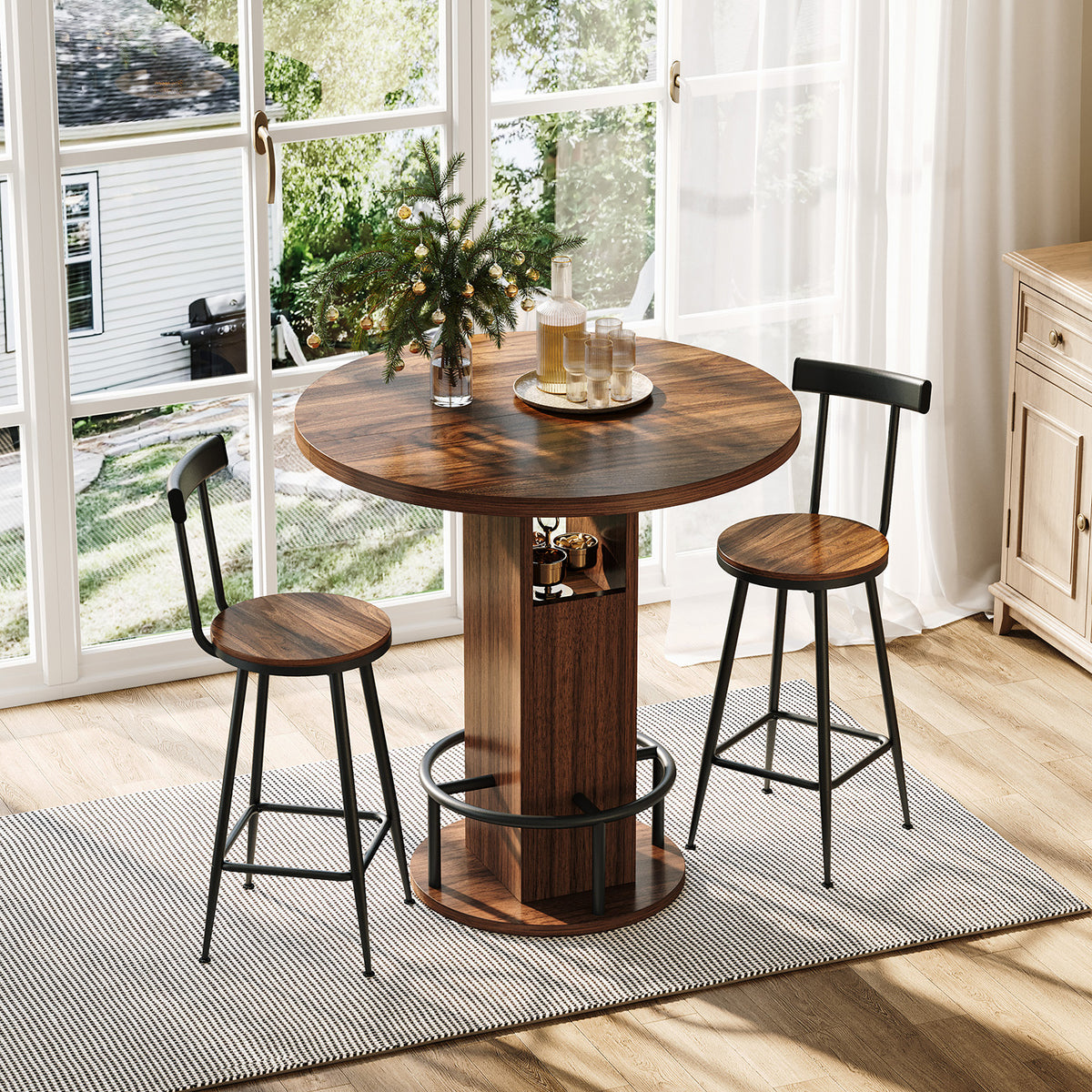 Bar Table and Stool Set – Round Bar Table with Two Stools, Compact Wooden Dining Bar with Metal Ring Footrest