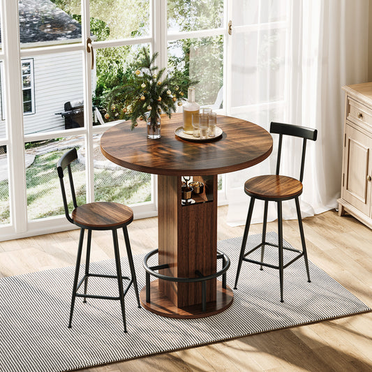 Bar Table and Stool Set – Round Bar Table with Two Stools, Compact Wooden Dining Bar with Metal Ring Footrest