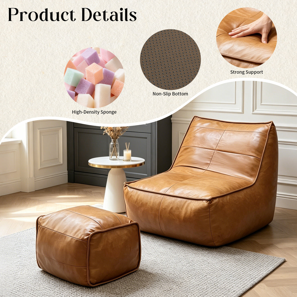 Bean Bag Chair with Ottoman Set – Tech Fabric Faux Leather Sofa for Living Room & Gaming