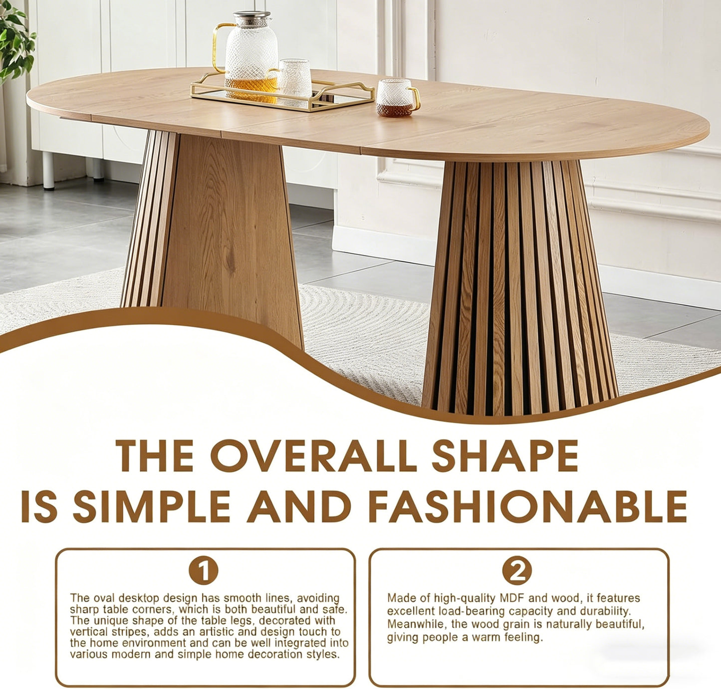 Wooden Dining Table | Flexible And Extendable with Slatted Table Legs – Oval Expandable Table for 4- 6, MDF+Wood