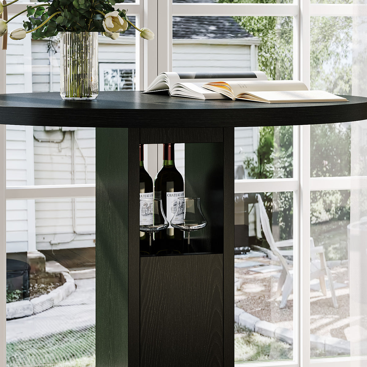 Bar Table and Stool Set – Round Bar Table with Two Stools, Compact Wooden Dining Bar with Metal Ring Footrest