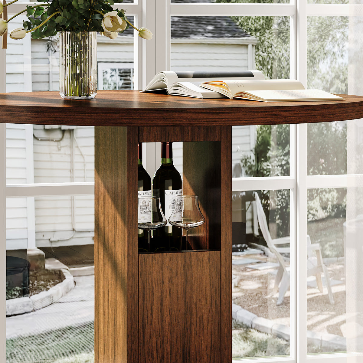 Bar Table and Stool Set – Round Bar Table with Two Stools, Compact Wooden Dining Bar with Metal Ring Footrest