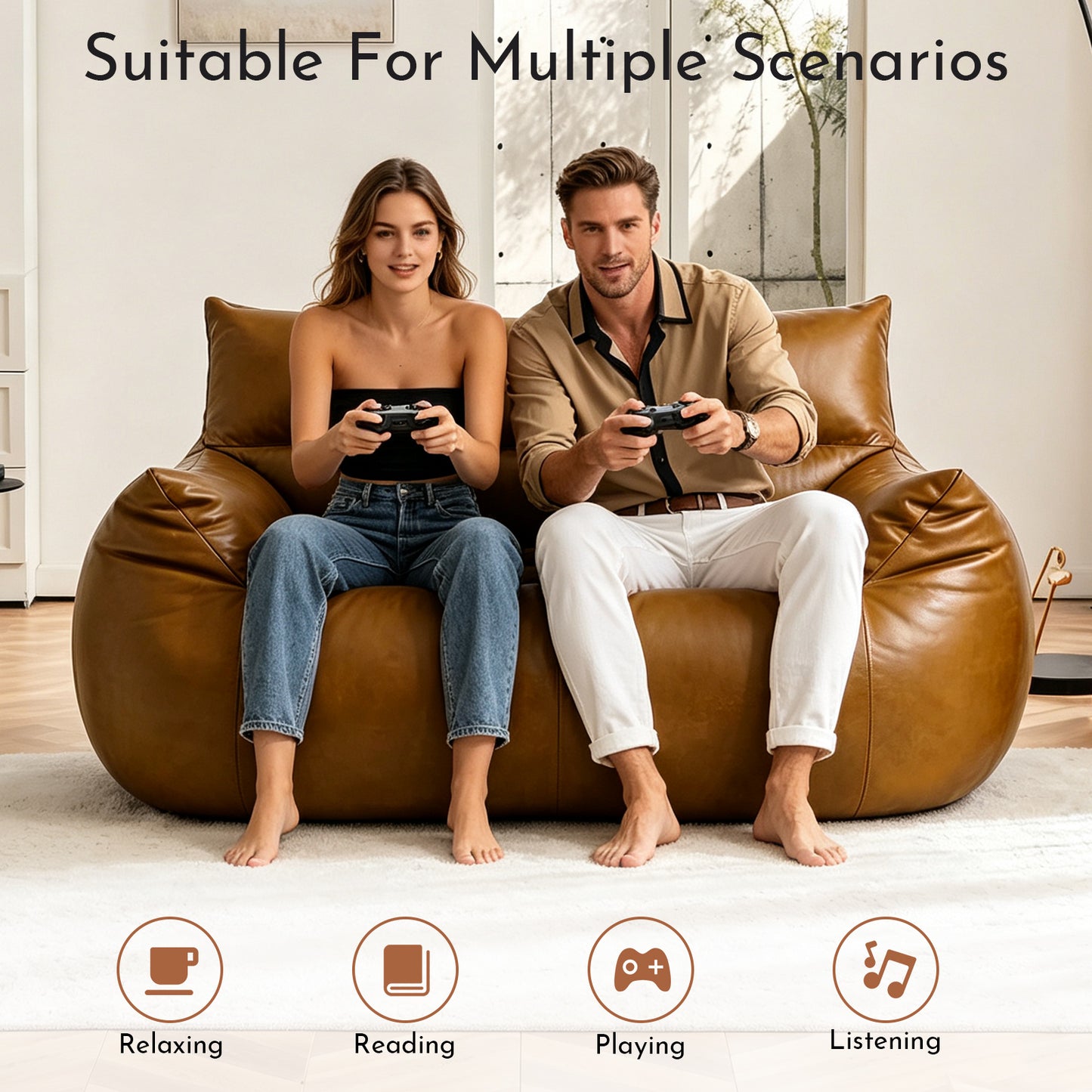 Tech Fabric Bean Bag Loveseat Sofa – Faux Leather Appearance, Ergonomic Curve, No Assembly