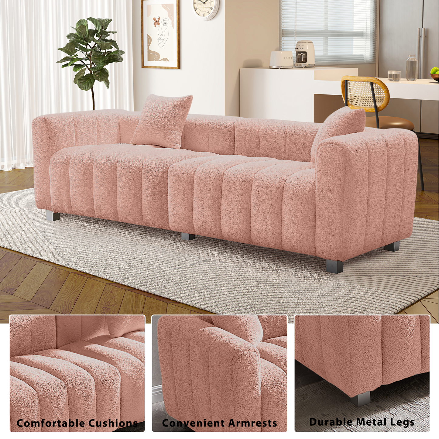 Premium Velvet Sofa 3-Seater Loveseat | Modern Bubble Upholstered Couch with Metal Base Legs + 2 Pillows – Modular Piano Design