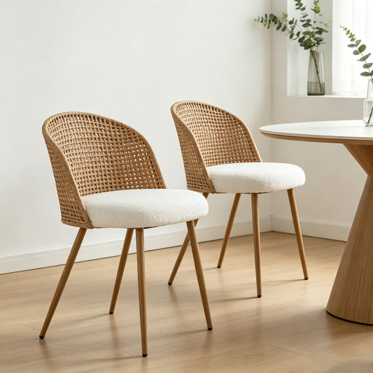 Sponge Seat Cushion Rattan Dining Chair with Backrest – Beige/Brown, Iron Frame