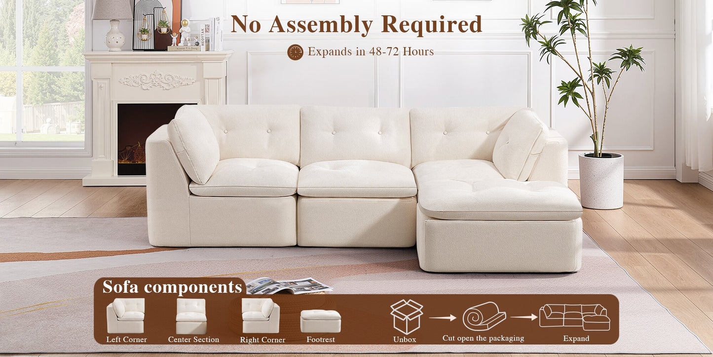 Modern Cloud-Style Living Room Sofa – Deep Seat Convertible L-Shaped Frame-Free Sofa with Ottoman, Oversized 4-Seater Chenille Fabric Compressed Sofa, Modular Sectional Sofa