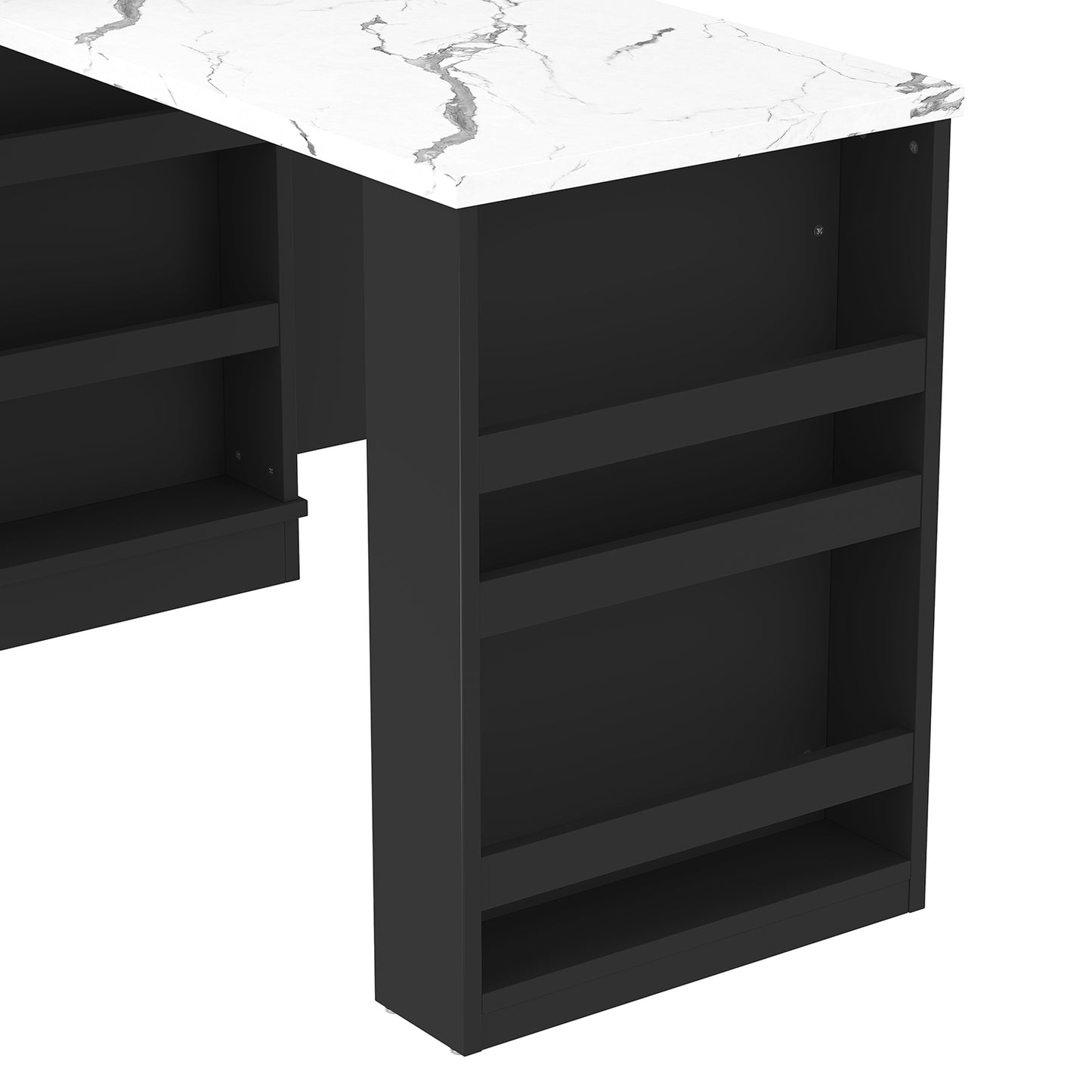 Extendable island console with drawers, double-door cabinet, and open shelving