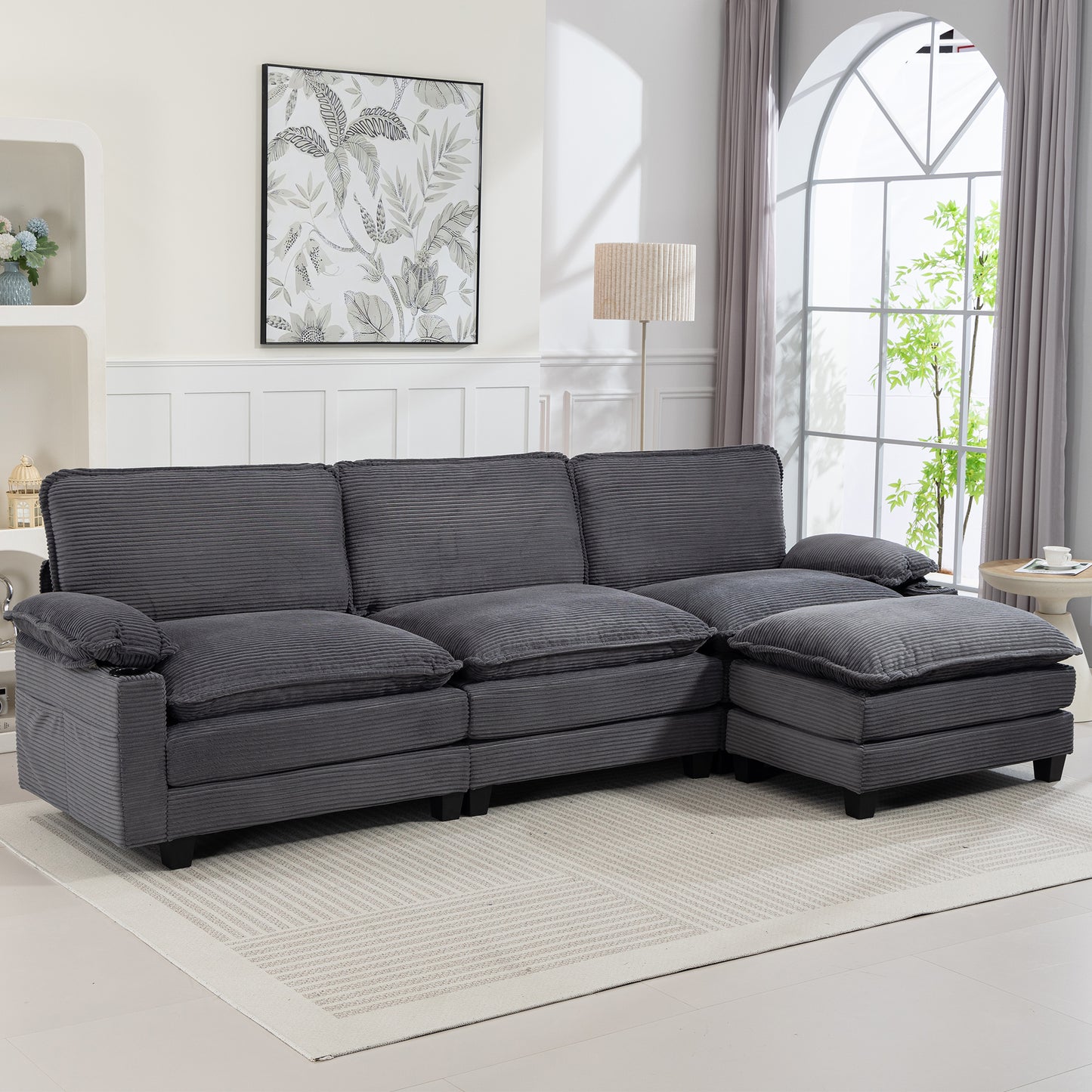 Modern 3+1 L-Shaped Corduroy Fabric Sofa – Modular Sectional Cloud Couch w/Ottoman, 35D Sponge, Cup Holders &amp; Storage