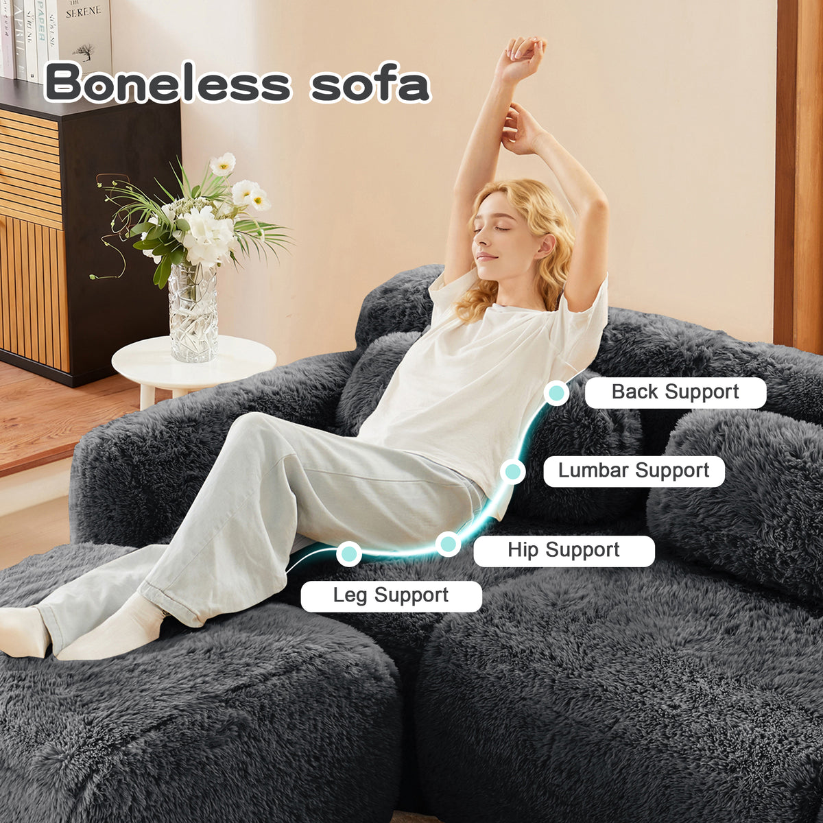 2-4 Seat Soft  Fluffy Plush Boneless Sofa – Modular Sectional with Throw Pillows, 32D High-Density Sponge, No Assembly, Anti-Slip Buckle Connection