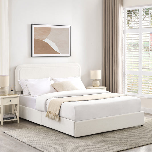 Luxurious Ivory Boucle Upholstered Bed with 4 Patented Drawers Storage