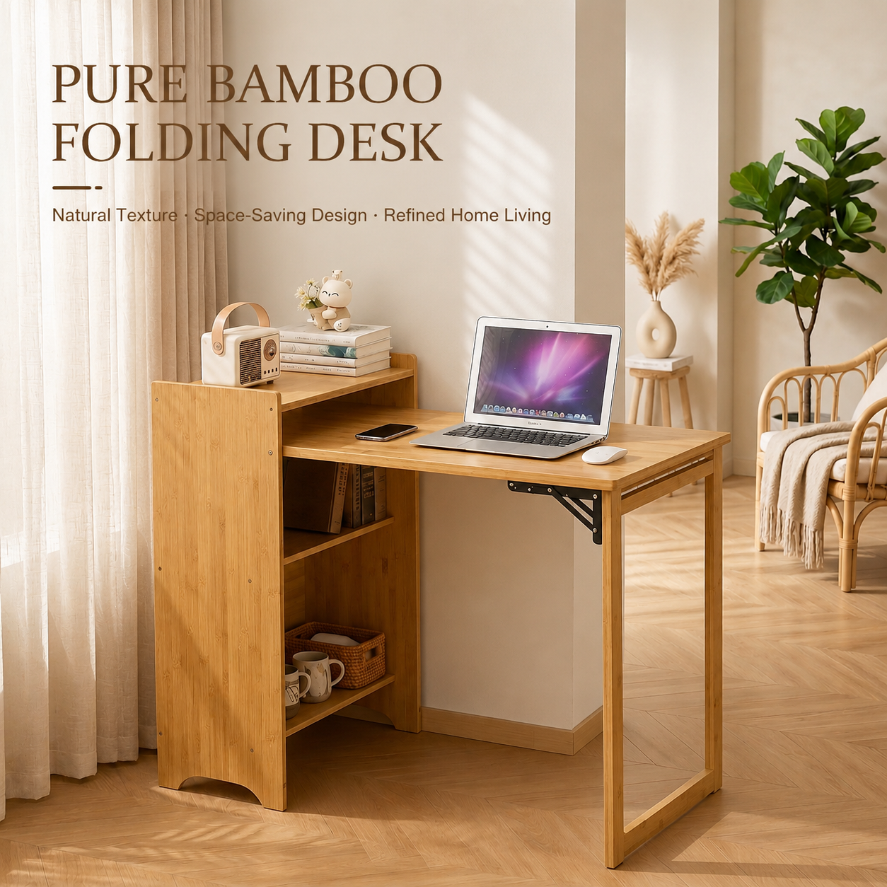Foldable Desk Computer Desk with Hidden Storage for Small Space | Bamboo Folding Table – Natural/Walnut