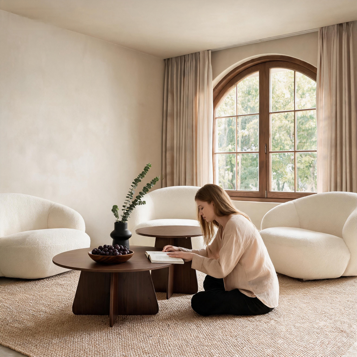 Retro-Style Nesting Coffee Table Set – Walnut or Natural Wood Finishes, Round Side Tables with Crisscross Legs
