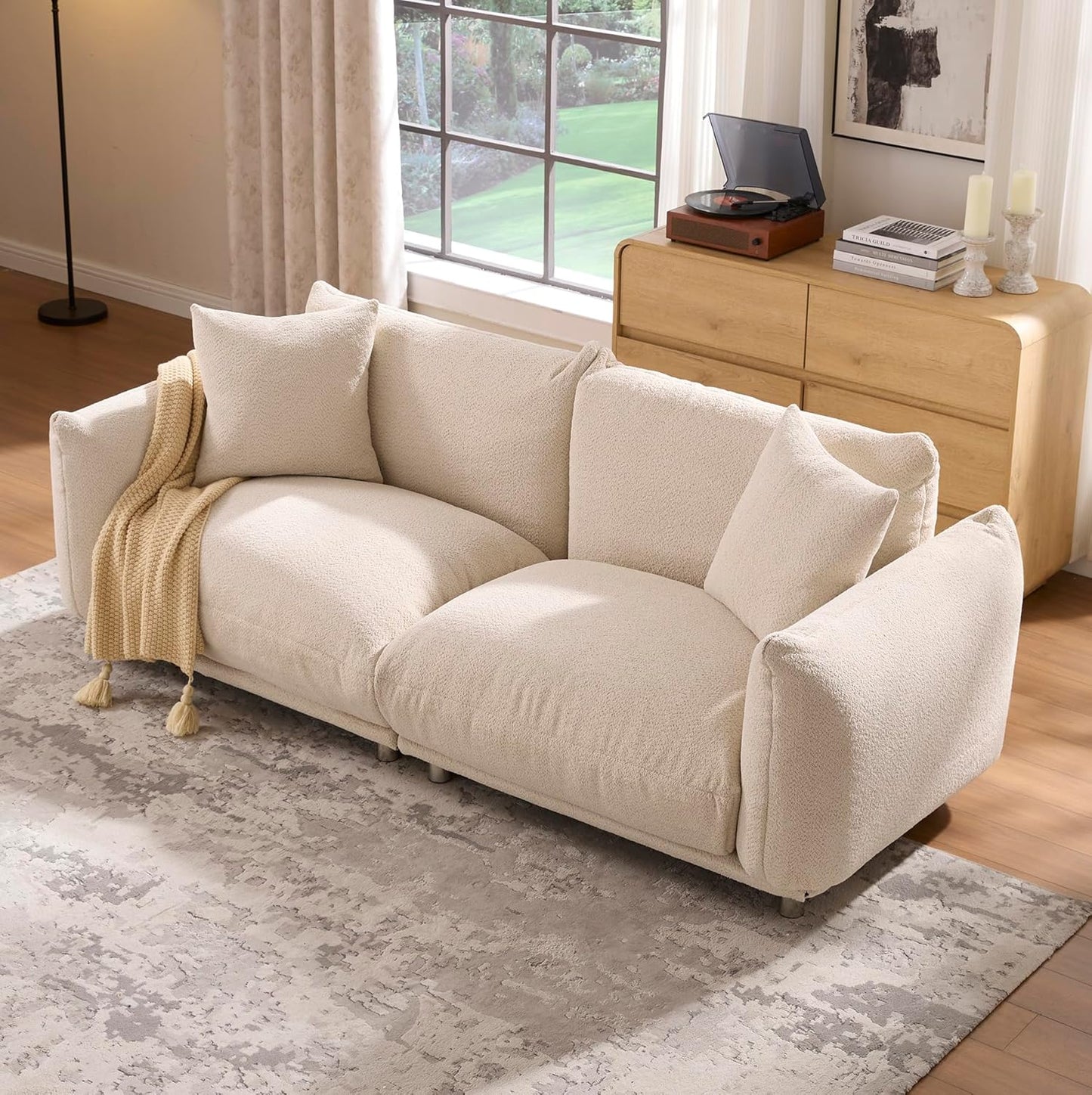 Upholstered 3-Seater Loveseat Sofa | Modern Boucle Couch with 2 Pillows – High-Density Foam, Solid Wood Frame, Metal Legs for Living Room, Apartment