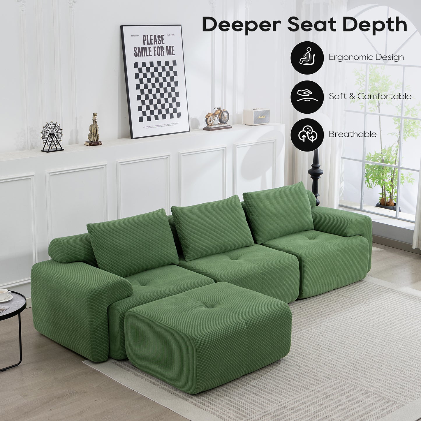 L-Shaped Sectional Sofa Bed – No Assembly, Memory Foam, Steel Frame (Grey/Green)