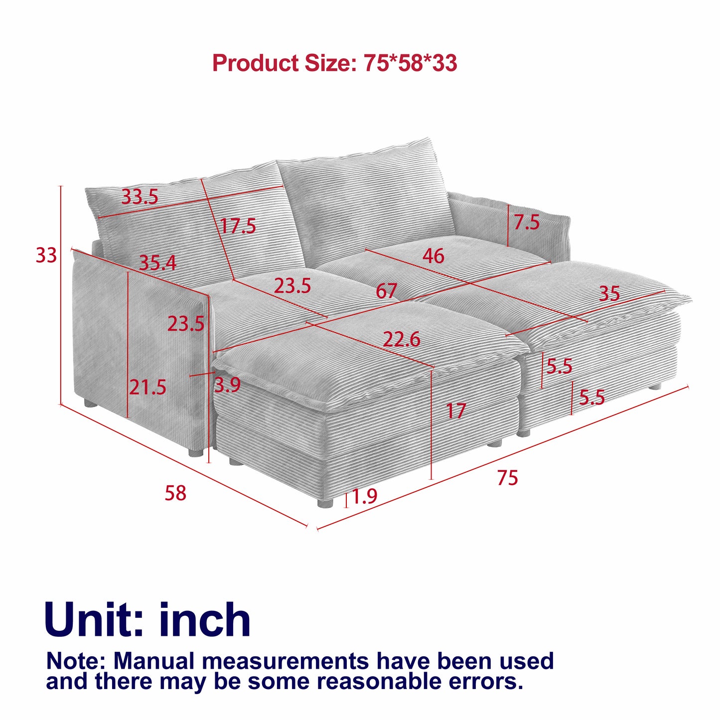 Corduroy fabric comfortable cloud sofa for living room 2 Seat - 4 Seat with ottoman