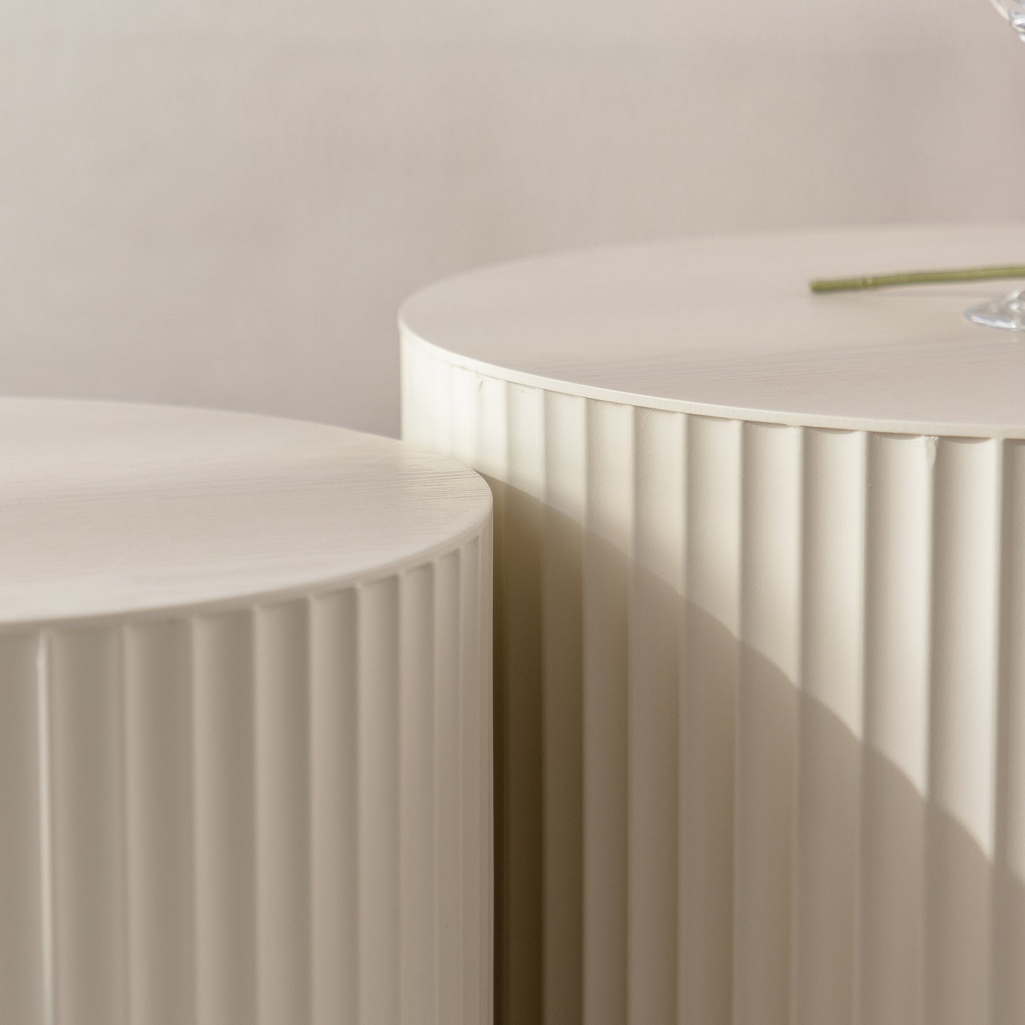 Set of 2 Beige Nesting Coffee Tables: Modern Drum - Shaped for Living Room