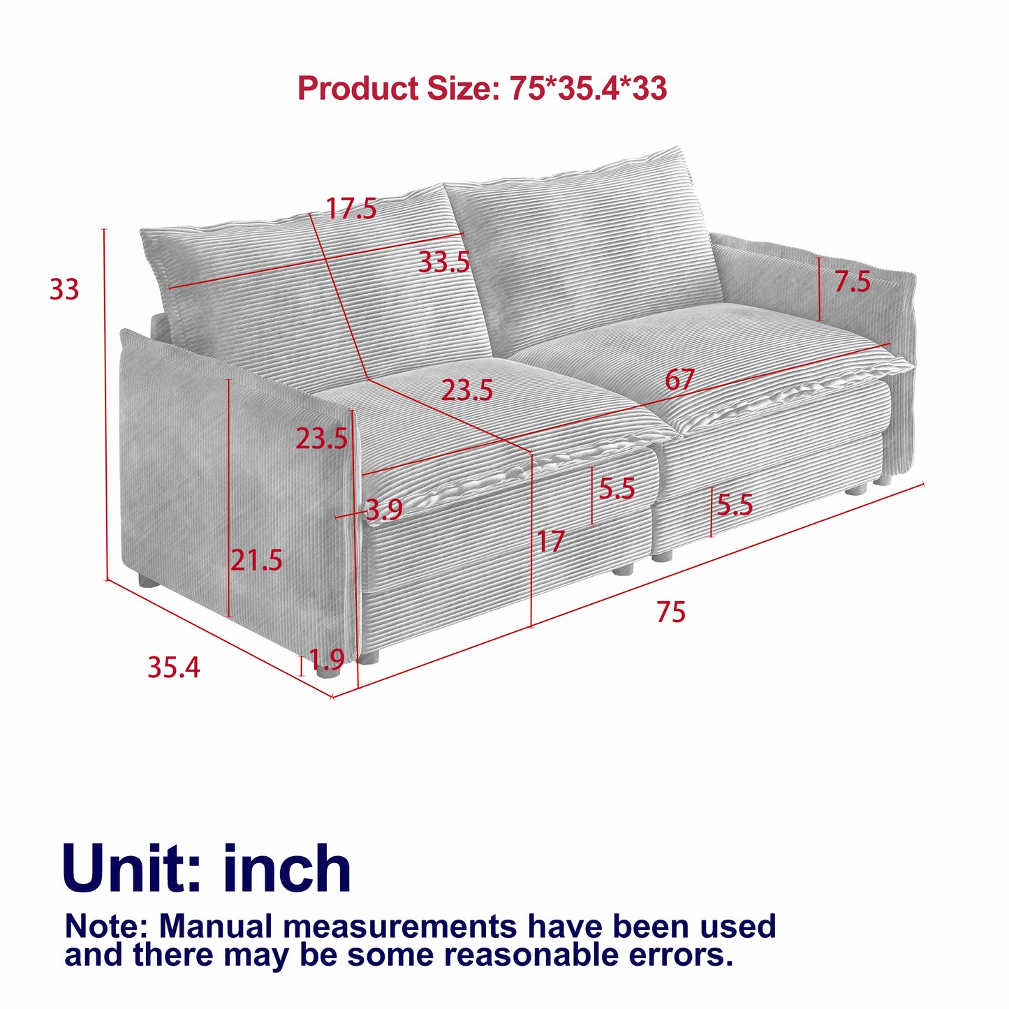 Corduroy fabric comfortable cloud sofa for living room 2 Seat - 4 Seat with ottoman