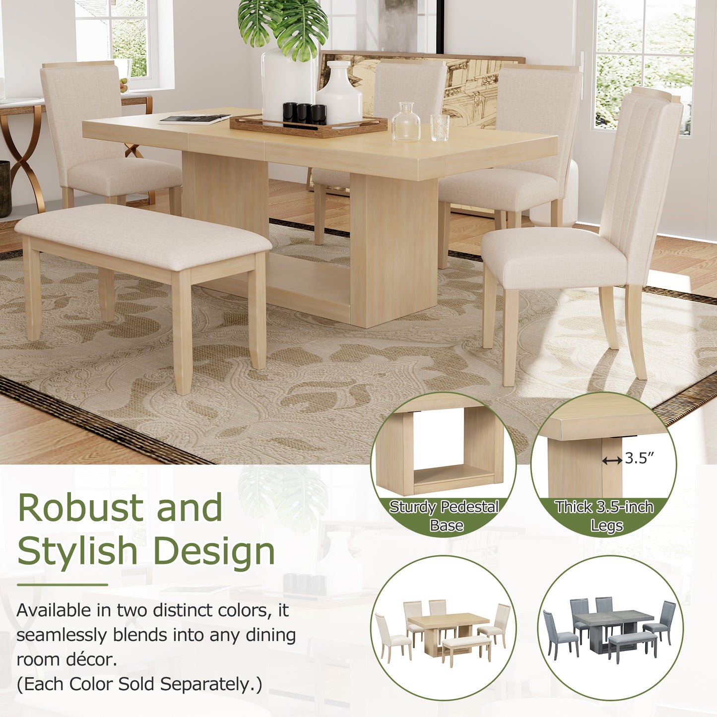 6-Piece Contemporary 78-Inch Extendable Pedestal Dining Table Set with Removable Leaf & Dining Bench